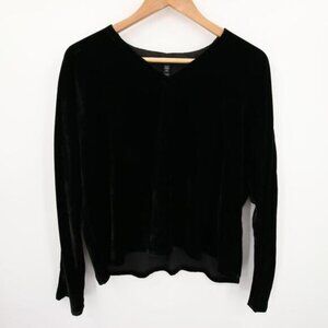 Eileen Fisher Blouse Black Velvet V-Neck Dolman Long Sleeve Silk Blend XXS